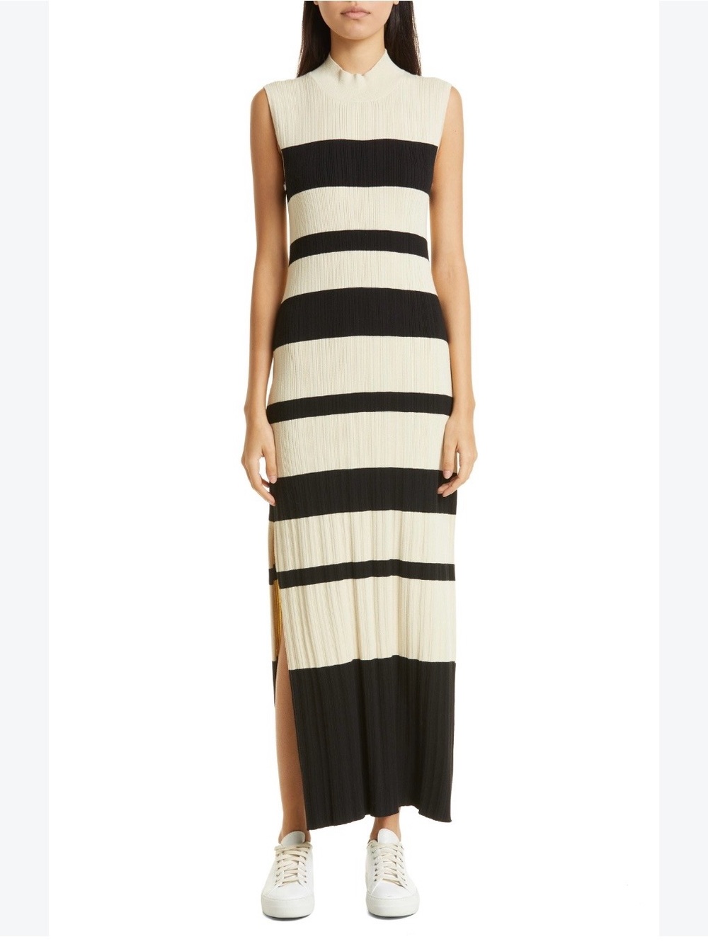 ATM Black Linen Variegated Stripe Side Slit Rib Mock Neck Sleeveless Maxi Dress